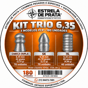 Kit Chumbinho 6,35mm PCP Estrela de Prata Trio – Cabeça Dupla + SK + HL – 180 Unidades