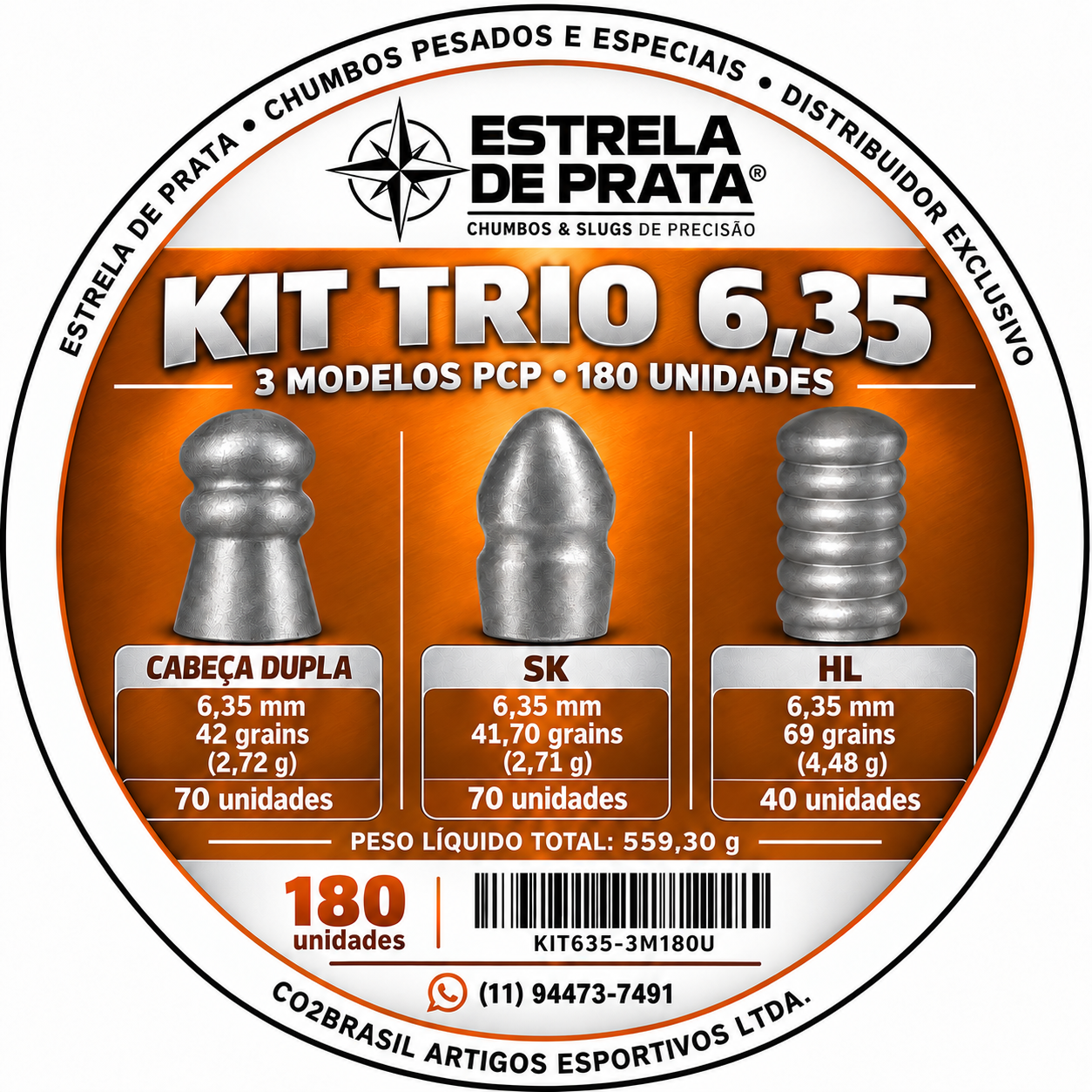 Kit Chumbinho 6,35mm PCP Estrela de Prata Trio – Cabeça Dupla + SK + HL – 180 Unidades