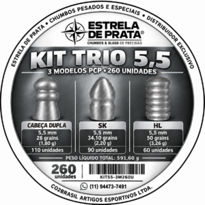 Kit Chumbinho 5,5mm PCP Estrela de Prata Trio – Cabeça Dupla + SK + HL – 260 Unidades